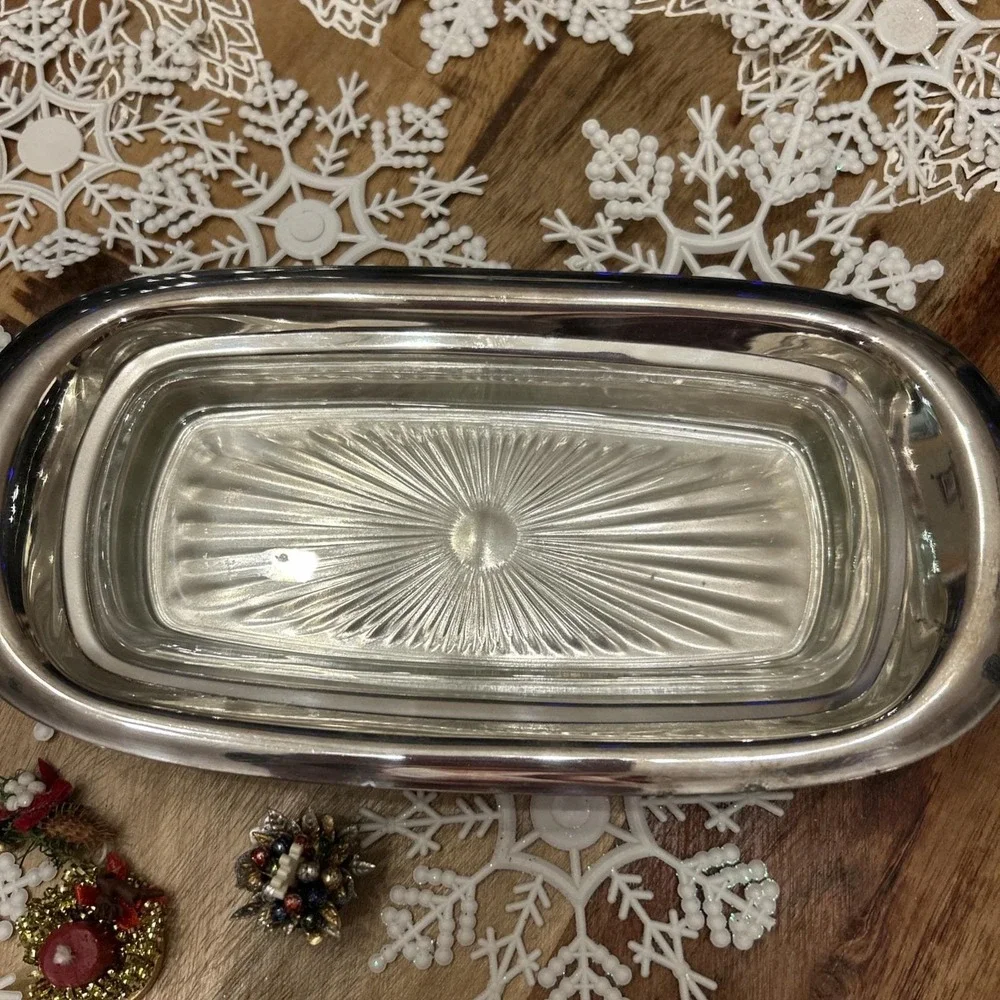 Vintage Silverplate, Butter Dish Elegant Patterned Pineapple Top,‎ Glass insert